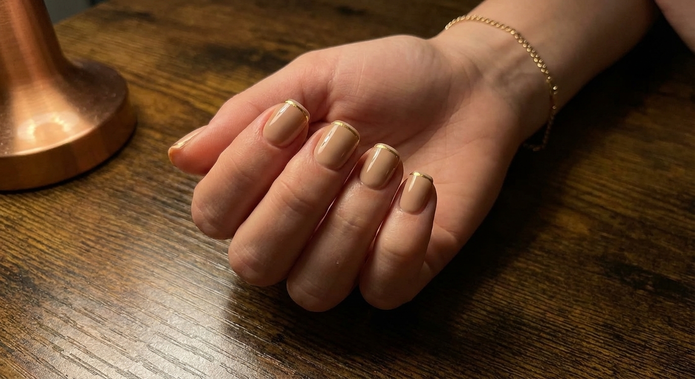 Минималистичный френч на коротких мягко-квадратных ногтях: тёплый бежевый фон и ультратонкая золотая линия по краю