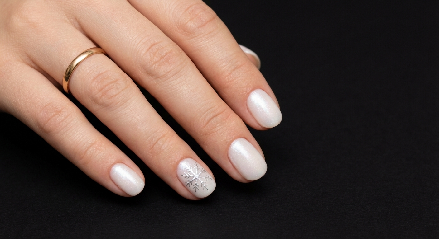 «Зимняя сказка» на коротких ногтях: молочная база с тонкой серебряной снежинкой на безымянном пальце, лёгкий перламутр