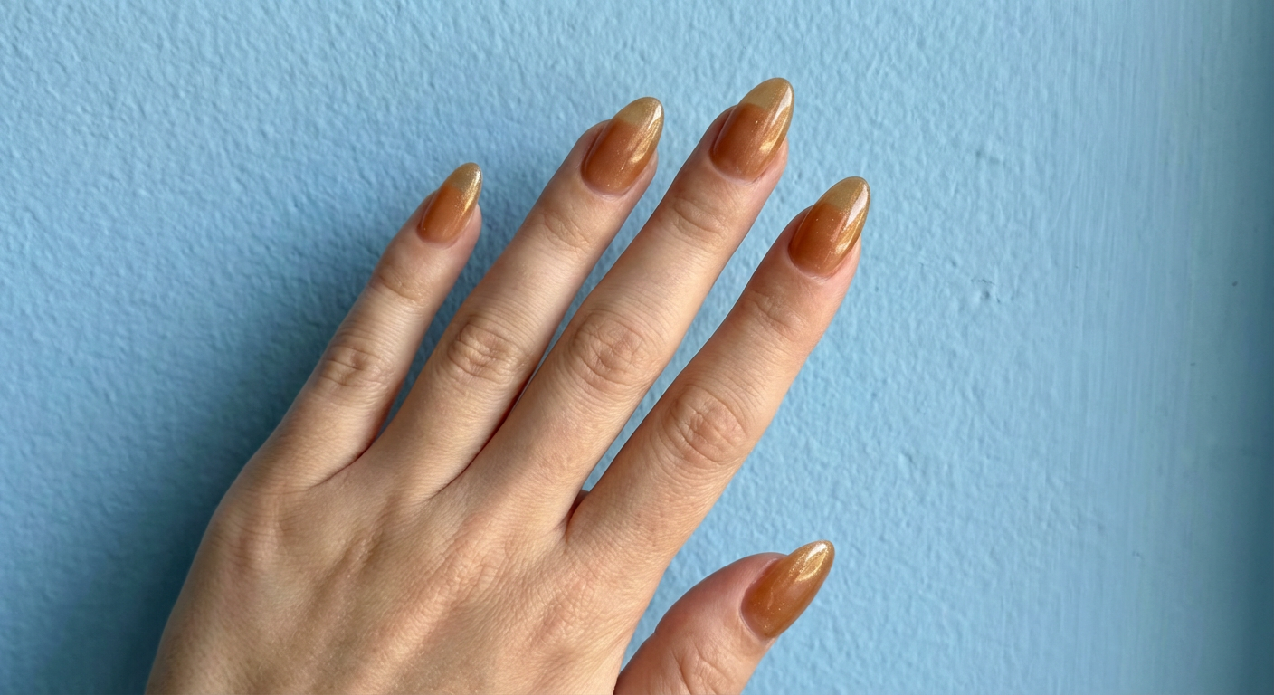 Jelly nails на ногтях средней длины: карамельно-медовый полупрозрачный гель с едва заметным золотистым шиммером