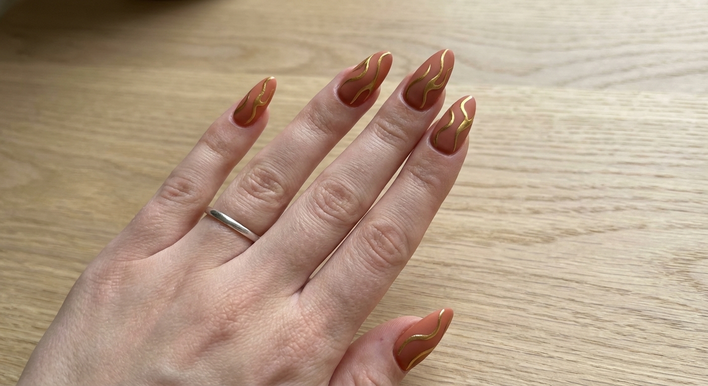 Абстрактная геометрия на длинных ногтях: терракотовый фон с асимметричными золотыми линиями, напоминающими языки пламени