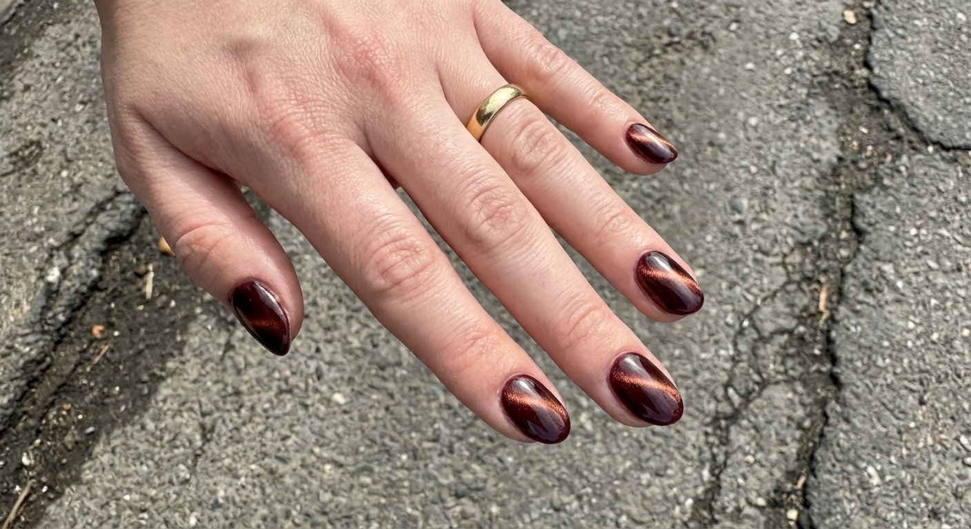 «Кошачий глаз» на коротких овальных ногтях: глубокий бордовый оттенок с центральной медной полосой, глянцевый финиш
