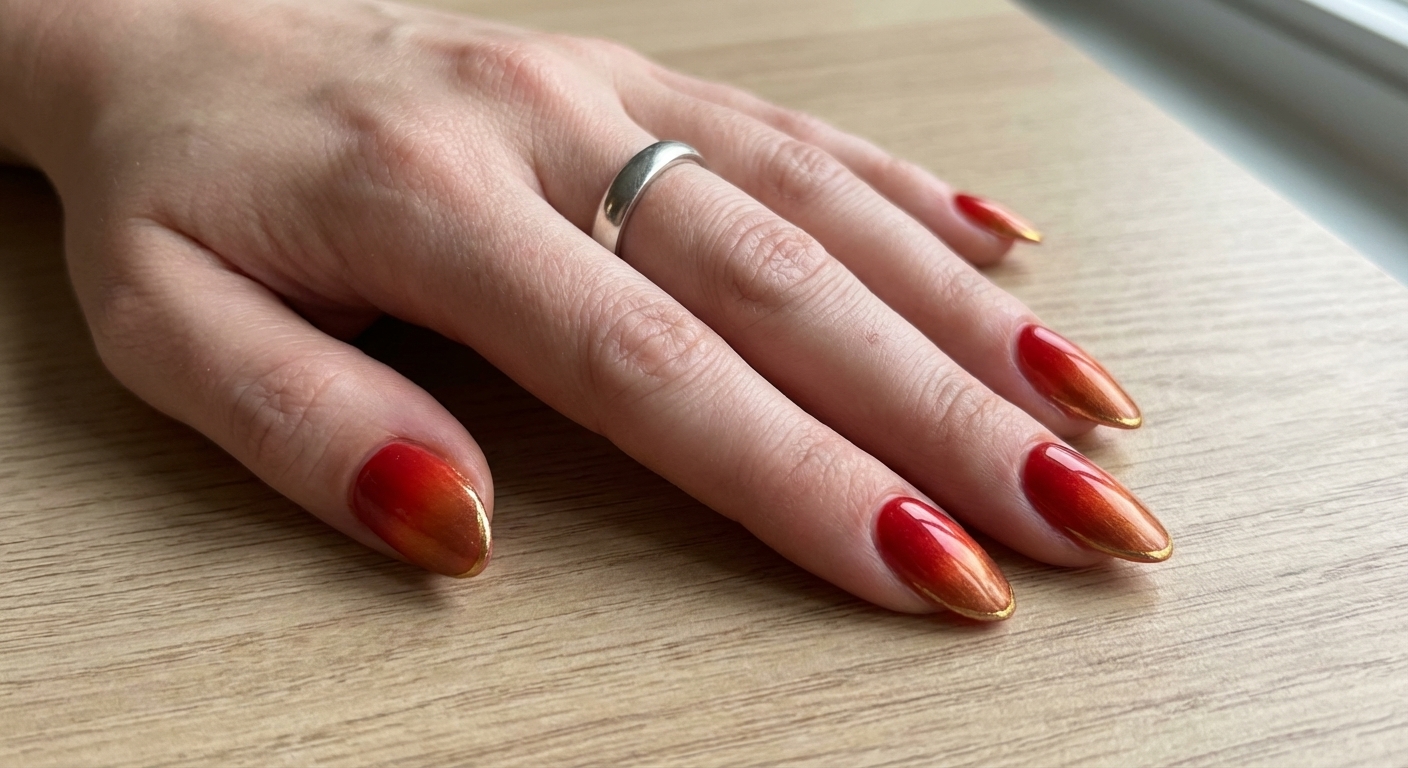 Огненный маникюр на средних миндалевидных ногтях: кончики окрашены в градиент от алого к медному, с тонкой золотой линией по краю