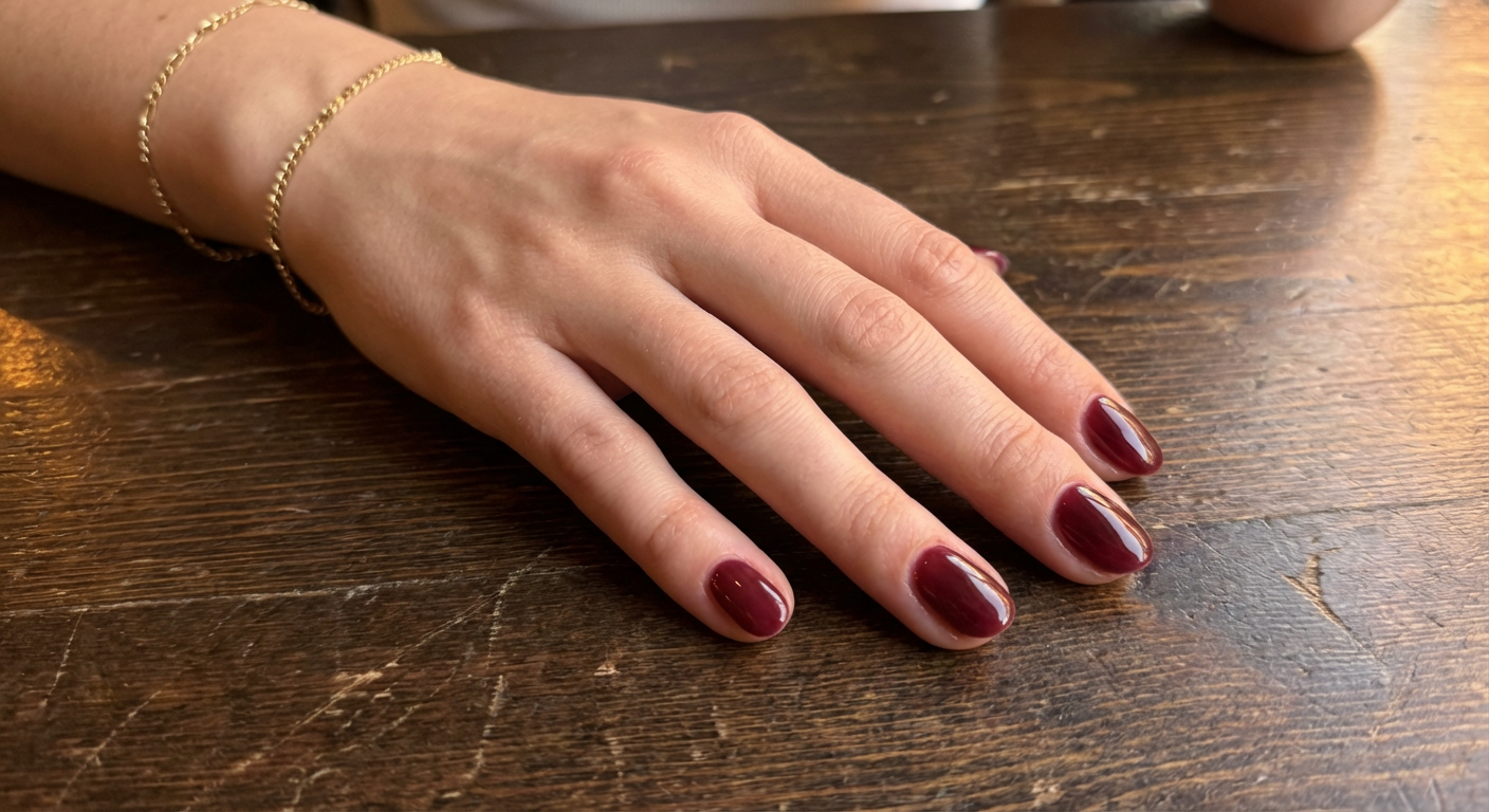 Бархатный бордо на коротких овальных ногтях: полупрозрачный винный гель с тёплым подтоном и глянцевым финишем