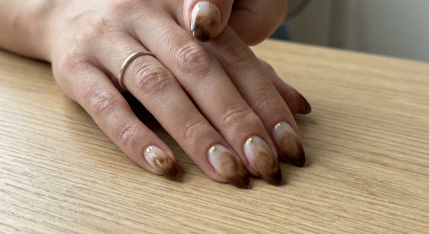 Кофейные разводы на ногтях средней длины: плавные переходы от молочного к тёмно-коричневому с тонкой золотой каплей у кутикулы